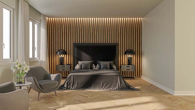 Modern bright bed room interiors 3d rendering - ZenQ Designs