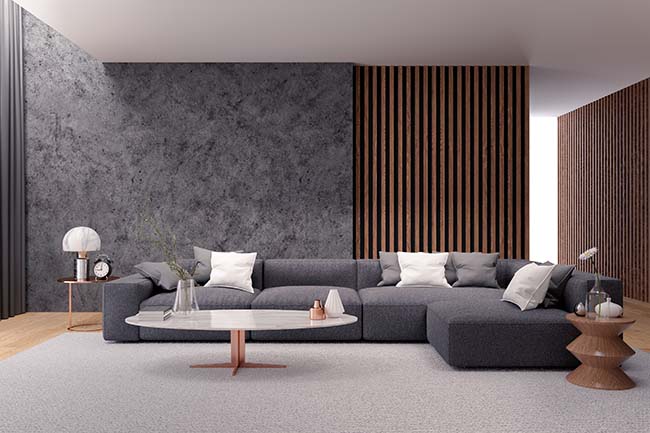 Modern luxury living room with black sofa and dark concrete walls - ZenQ Designs