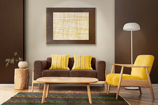 Scandinavian living room with yellow canvas - ZenQ Designs