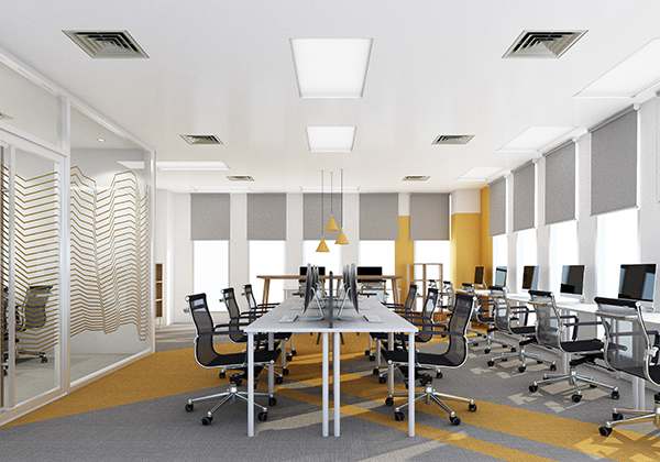 Working area in modern office with carpet floor and meeting room yellow and gray color - ZenQ Designs