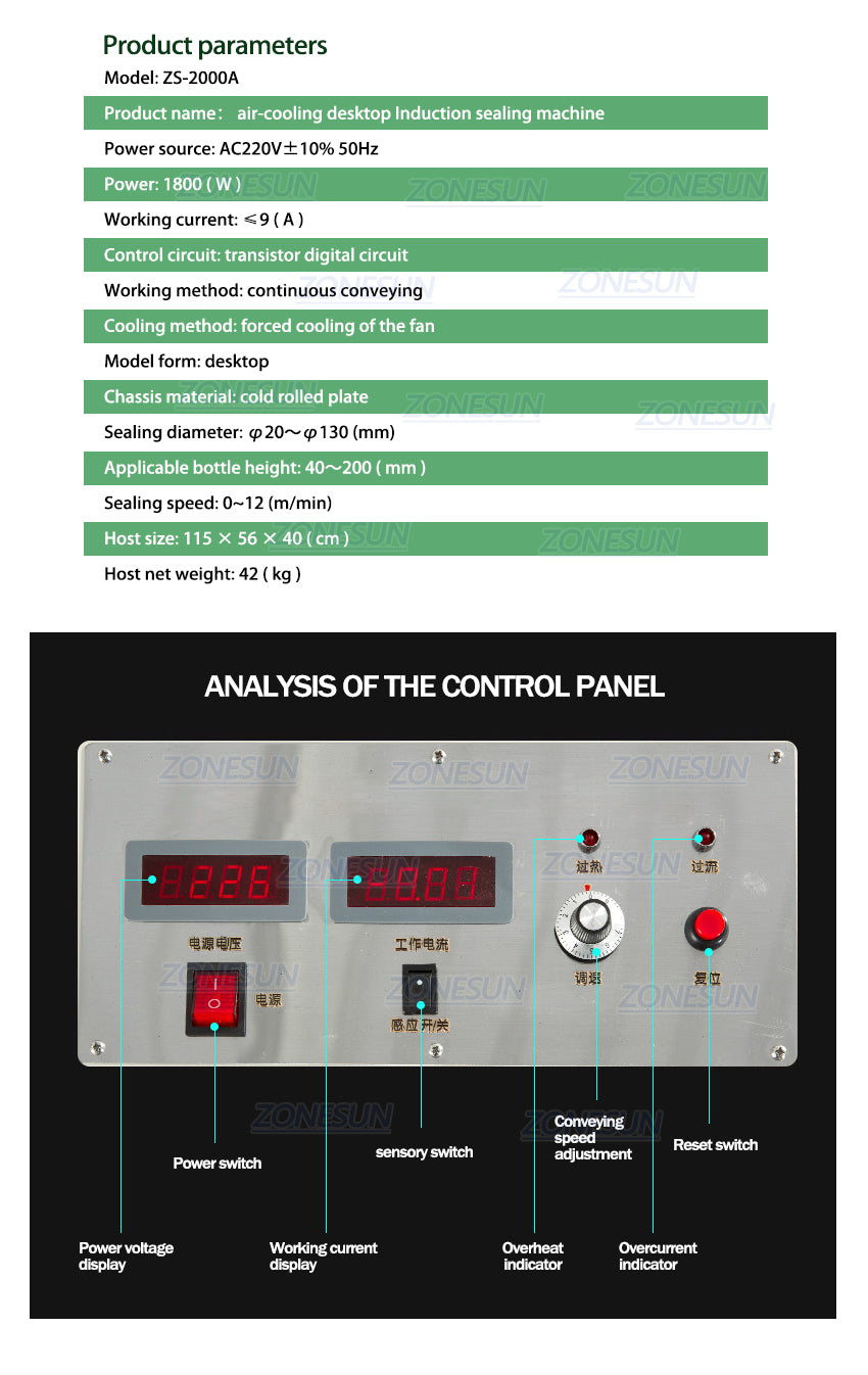 ZONESUN 20-130mm Air-Cooling Desktop Induction Sealing Machine Sealer Machine ZS-2000A