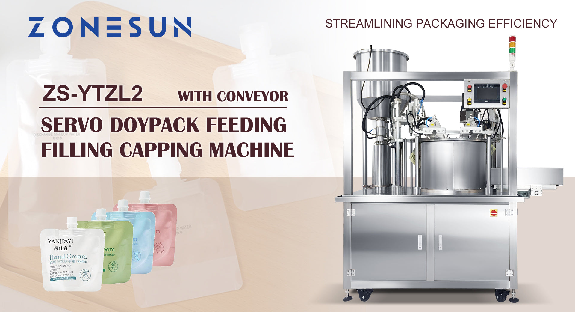 ZONESUN ZS-YTZL2 Servo Doypack Feeding Filling Capping Machine with Conveyor: Streamlining Packaging Efficiency