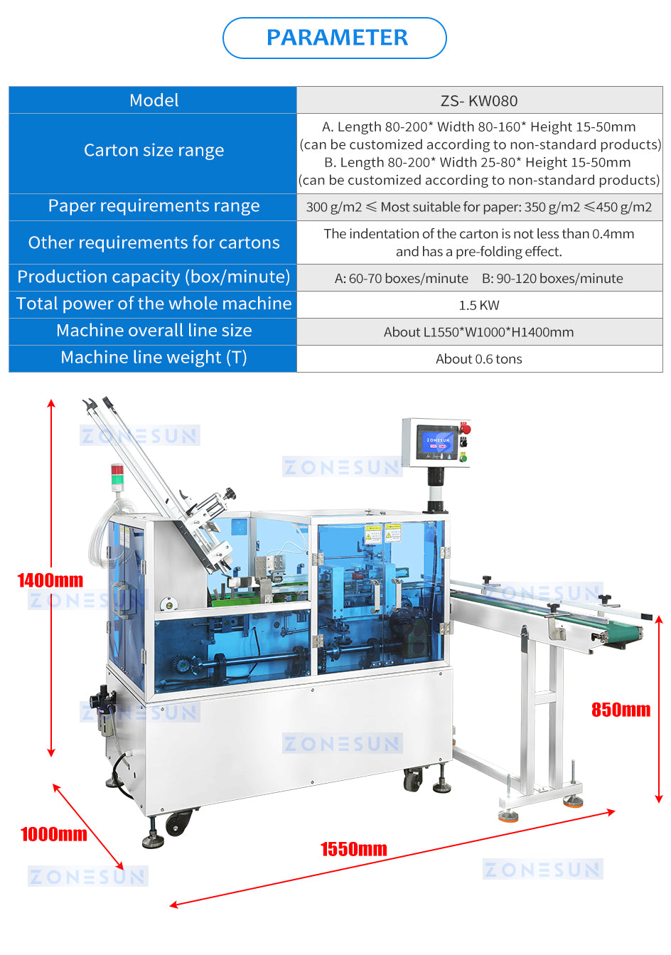 ZONESUN ZS-KW080 Top Loading Cartoner Box Folding Machine