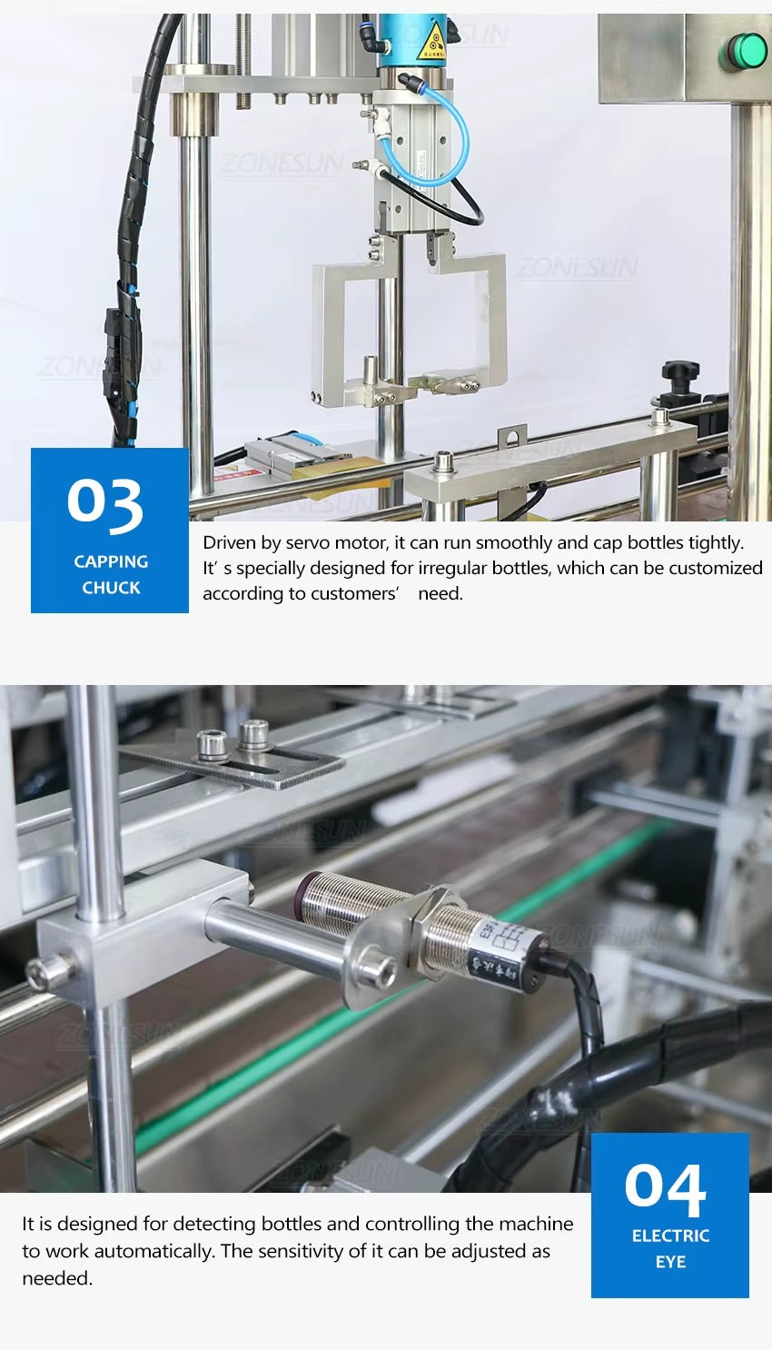 ZONESUN ZS-FAL180A9 Customized 4 Nozzles Paste Liquid Filling and Irregular Bottle Caps Capping Machine Production Line