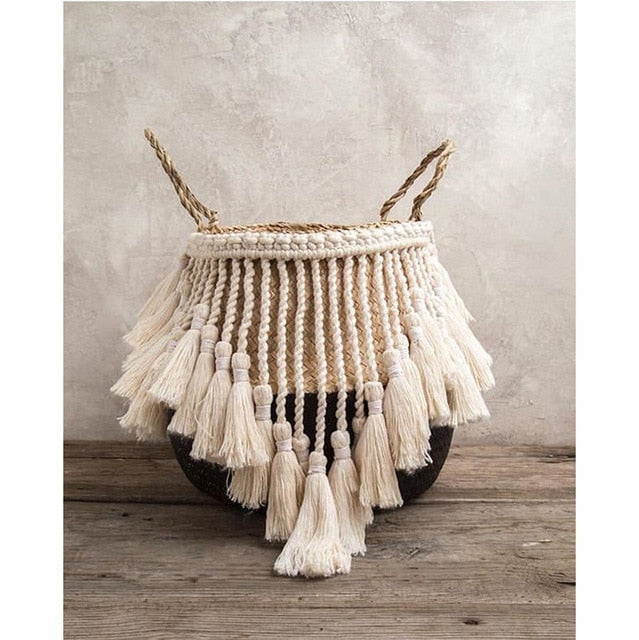 Woven Seagrass Basket With Handmade Tassels