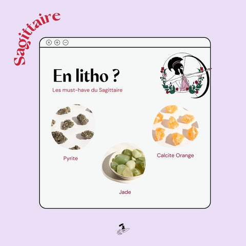 Les cristaux du Sagittaire : Pyrite, Jade et Calcite Orange