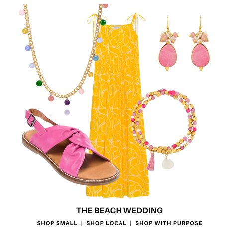 Beach Boho-Chic Guest outfit with yellow dress and pink accessories