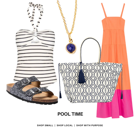 Pool party look with striped swimming costume 