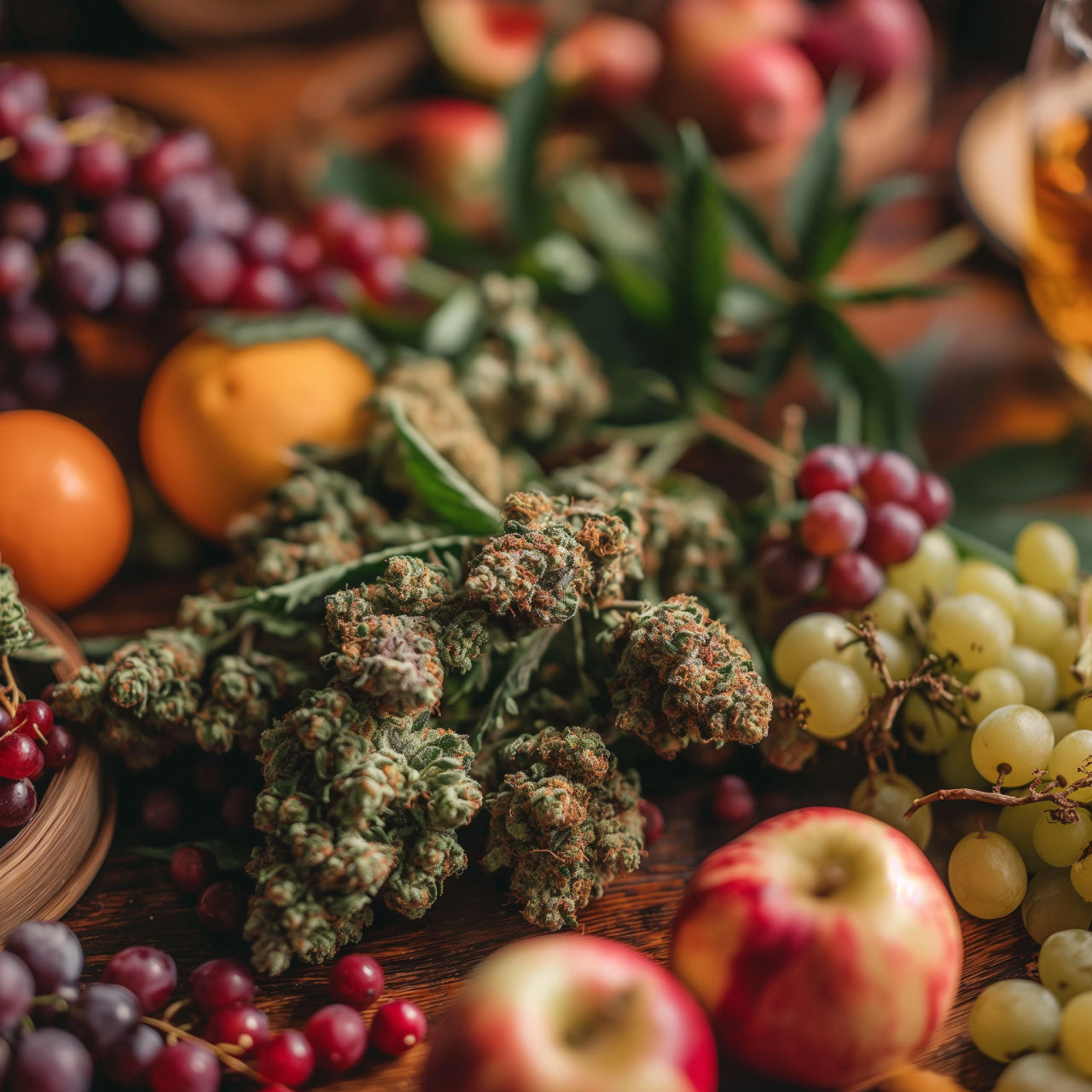 Image of cannabis flower and assorted fruits on a table.