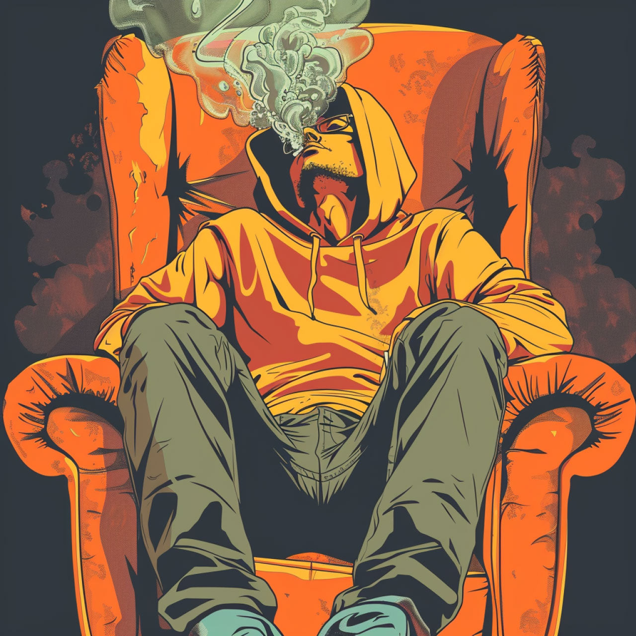 Cartoon style illustration of a man smoking cannabis.