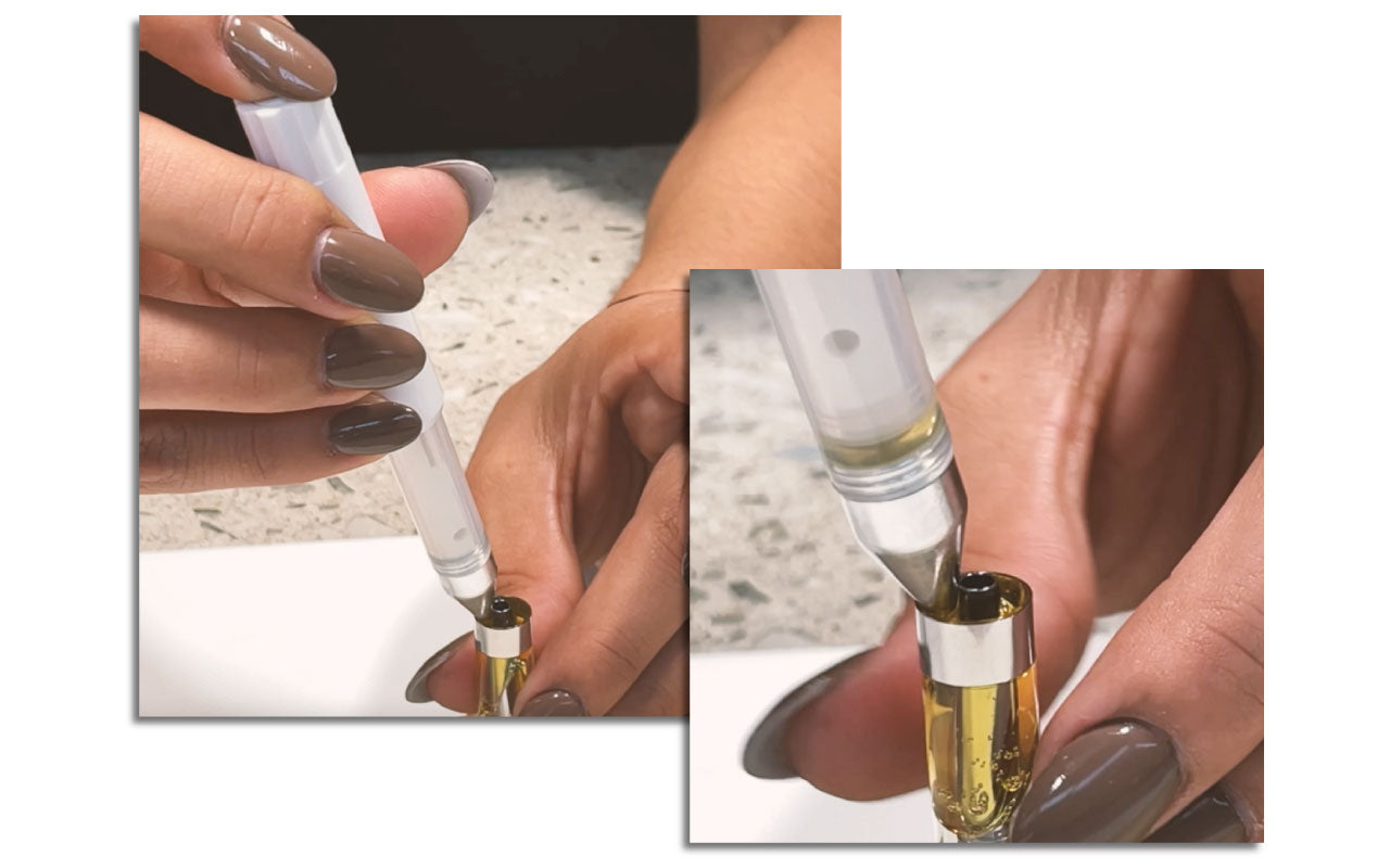 Images of a Dablicator being used to fill a vape cartridge.