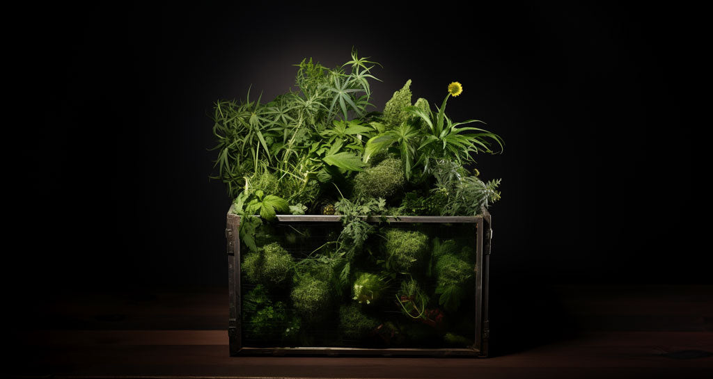 Image of crate filled with hemp plants among other herbs.