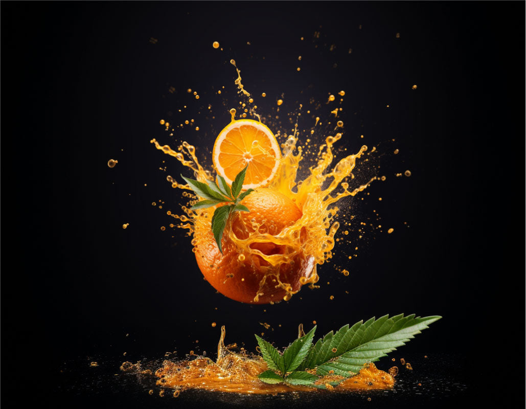 Image of orange juice exploding from orange.