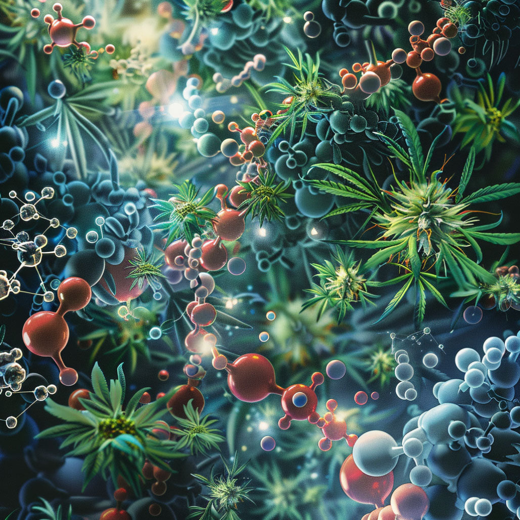 Creative illustration of the molecular structures of plant compounds in cannabis.