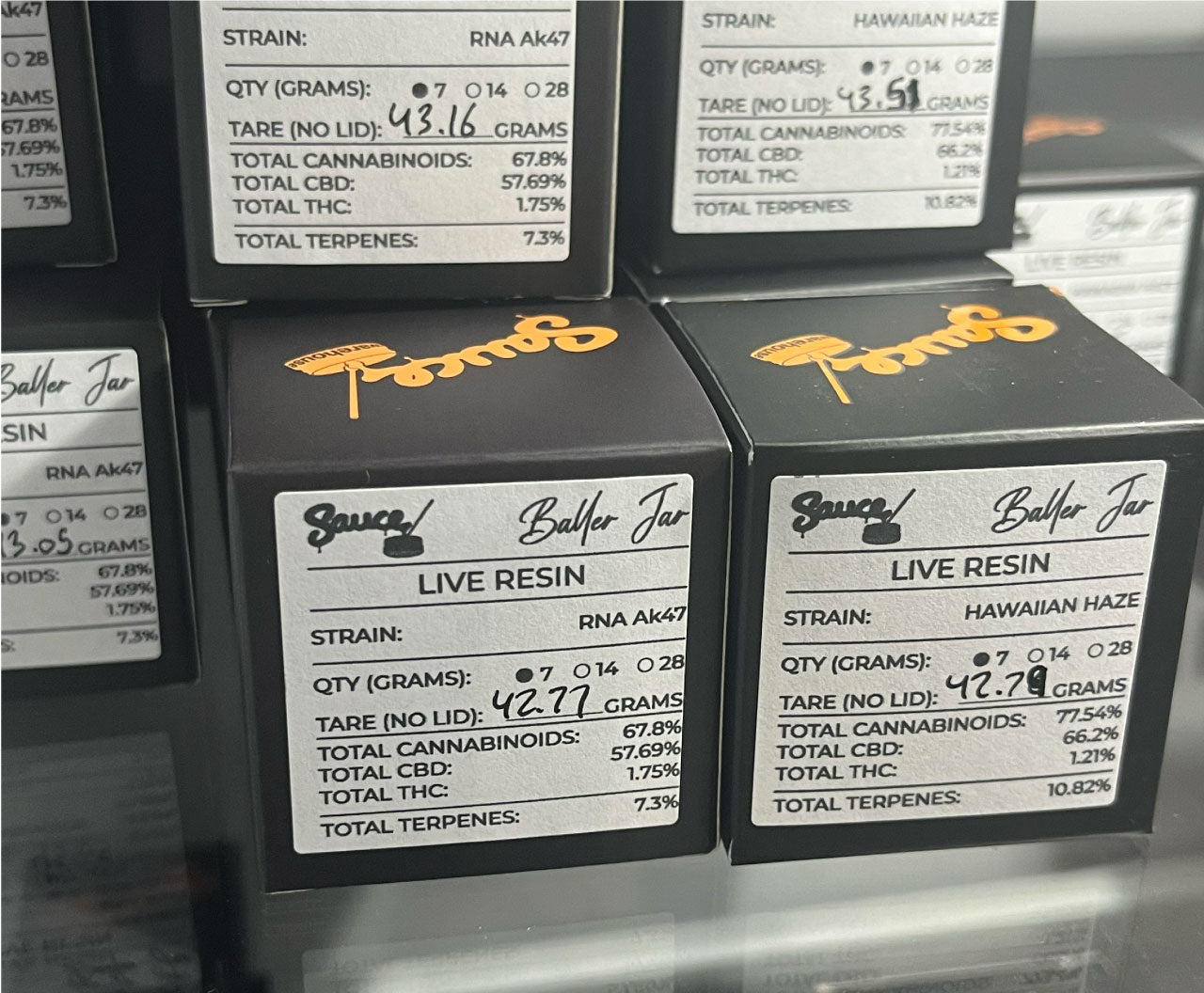 Image of Sauce Warehouse Baller Jar Box label showing cannabinoid and terpene content.