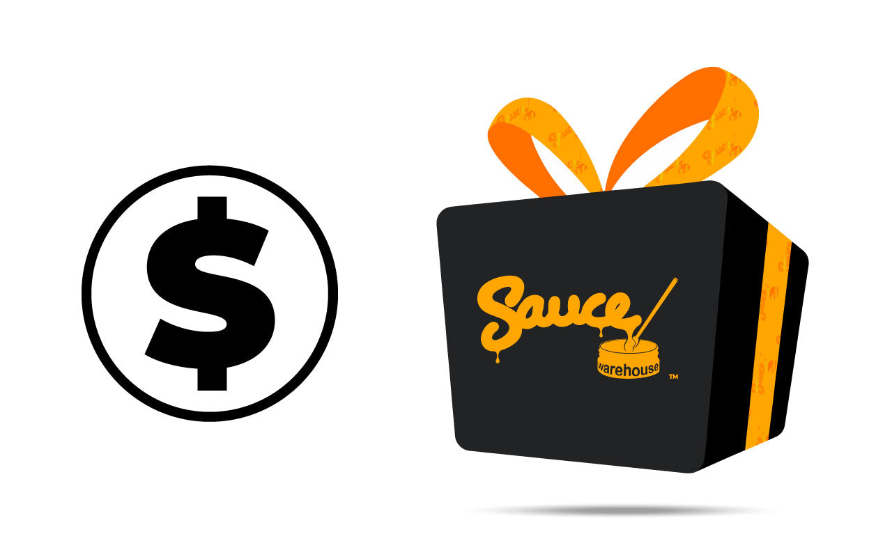 Illustration of dollar sign and Sauce Warehouse packaging.