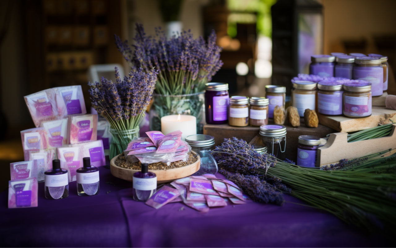 Image of a variety of lavender products which contain the terpene Linalool.