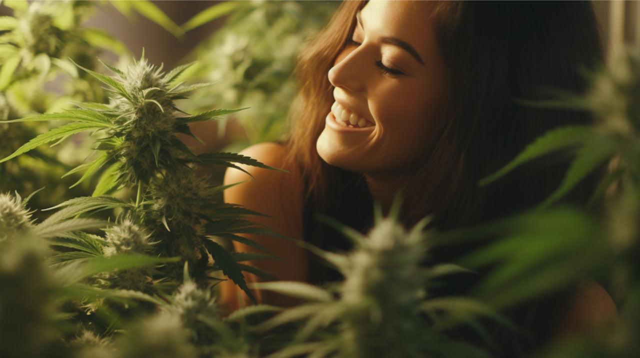Image of a woman enjoying herself among cannabis plants.