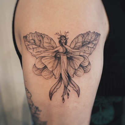 Black Tribal Fairy With Flower Tattoo Stencil