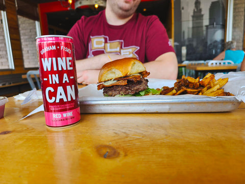 red wine in a can with cheeseburger pairing