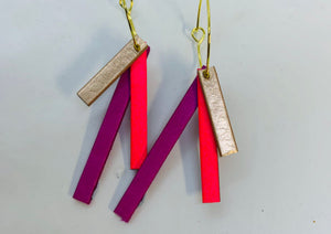 Gold/Coral/Purple Leather Earrings