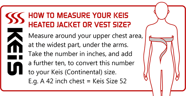 Velikost vyhřívané bundy a vyhřívané vesty Keis