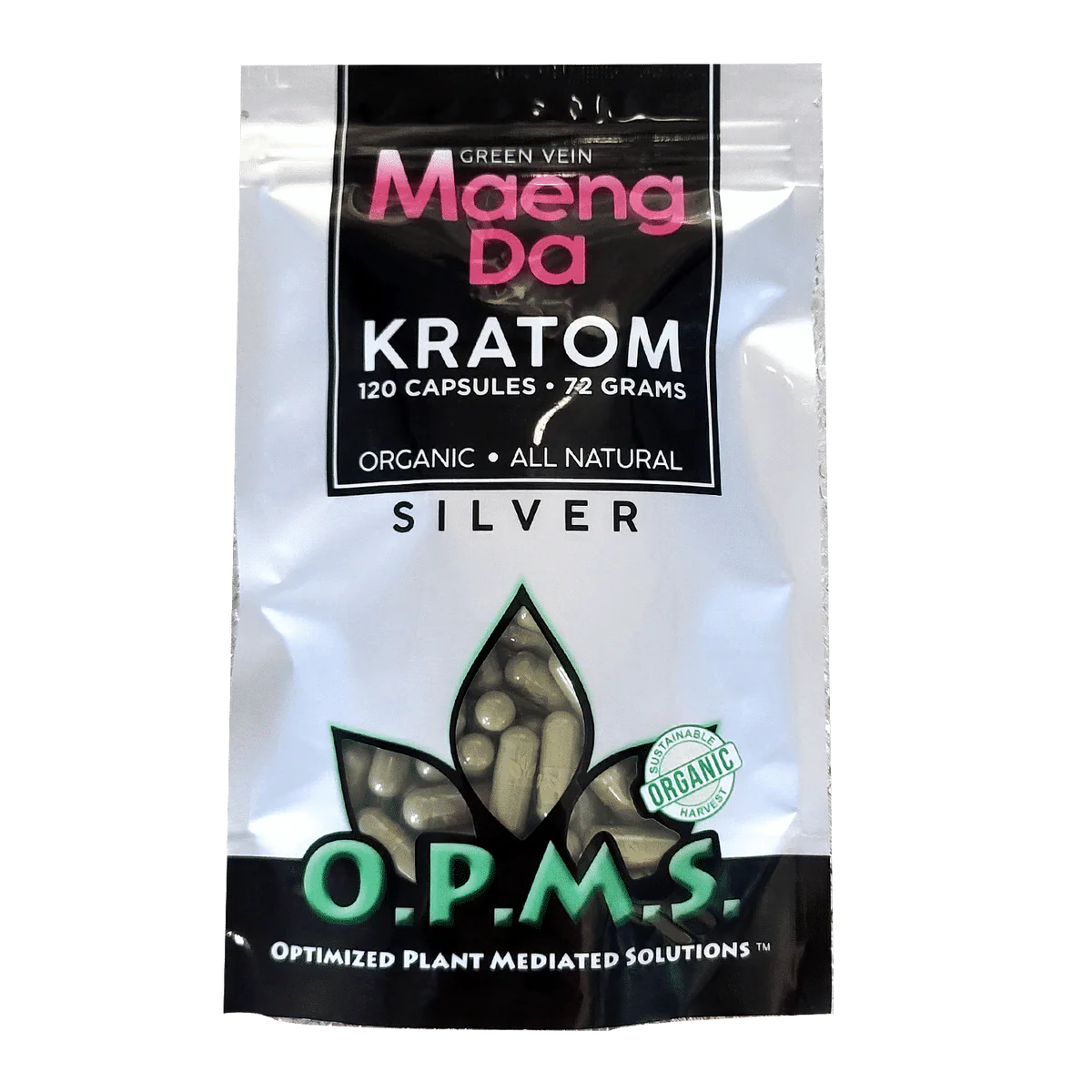 OPMS Silver Capsules Bag: Green Vein Maeng Da - 120 Capsules | 72gms