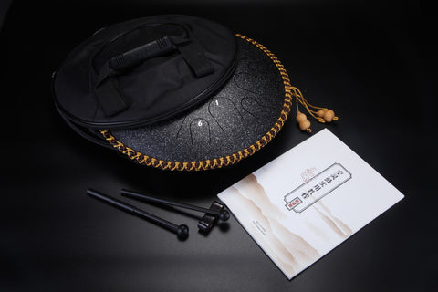 HLURU® Tambour de Langue en Acier au Carbone de Performance Professionnelle 13 Pouces 14 Notes D Key Handpan Instrument de Percussion de Tambour, Lentilles de Contact Colorées