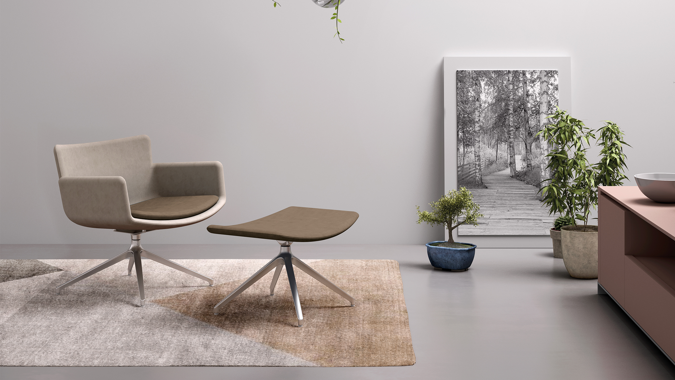 Lounge Stuhl mit Hocker Lodus, Braun, Loungemöbel Büro