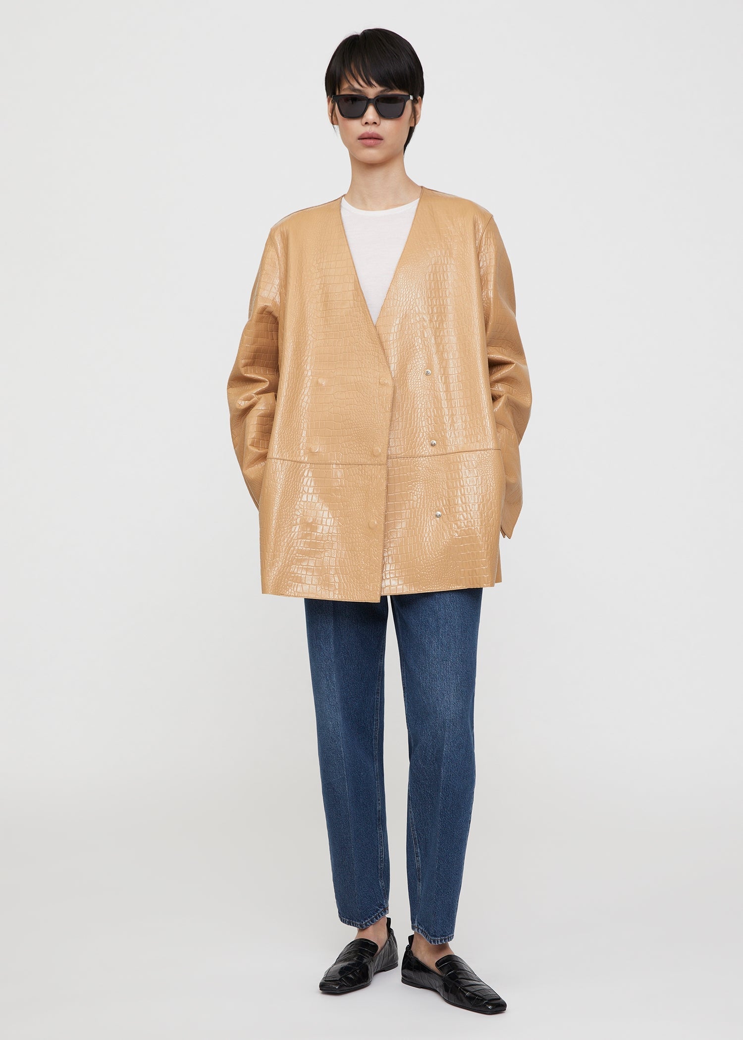 TOTÊME CROCO EMBOSSED LEATHER BLAZER CASHEW