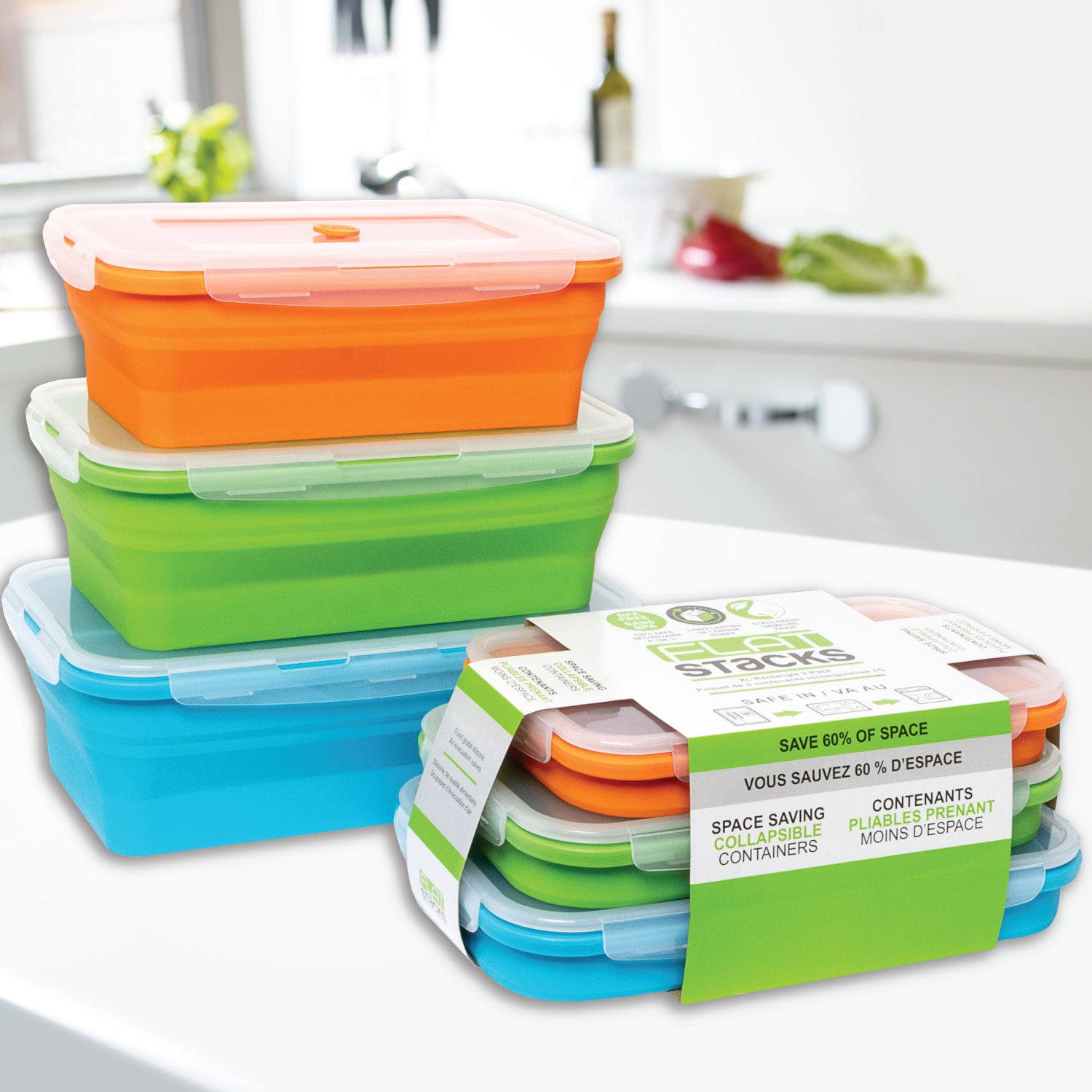 ICHC Set of 4 Collapsible Food Storage Containers - Space Saving Food  Silicone Containers, Flat Stacks, Travel Containers, Airtight Lunch Box  With