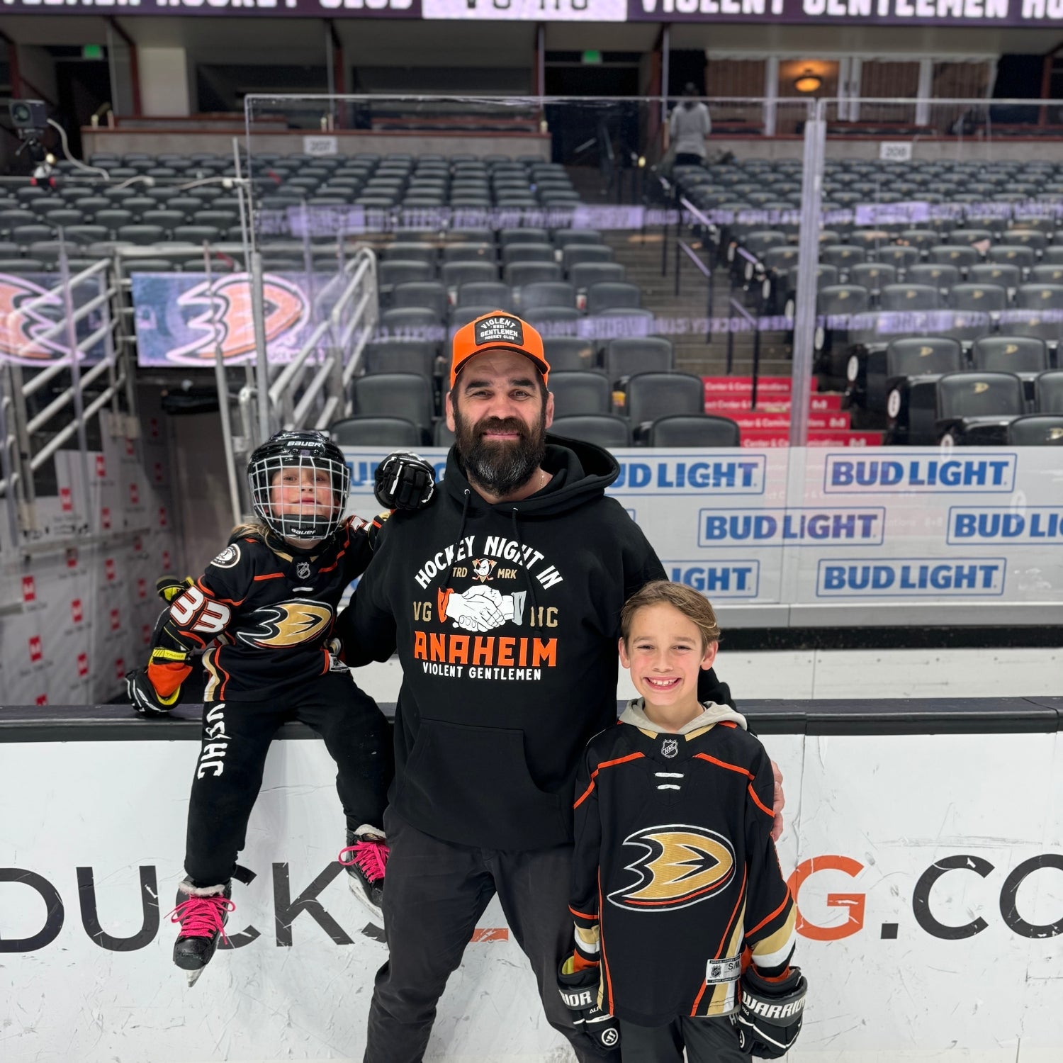 Violent Gentlemen Hockey Night in Anaheim at the Anaheim ducks game. Violent gentlemen is a hockey clothing company started in Anaheim, CA and frequents ducks home games.