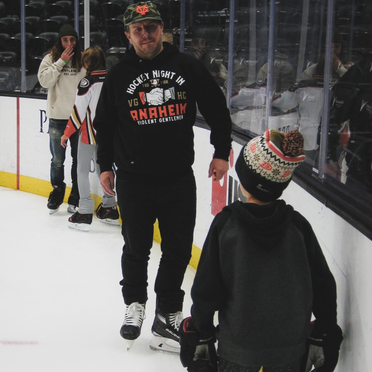 Violent Gentlemen Hockey Night in Anaheim at the Anaheim ducks game. Violent gentlemen is a hockey clothing company started in Anaheim, CA and frequents ducks home games.