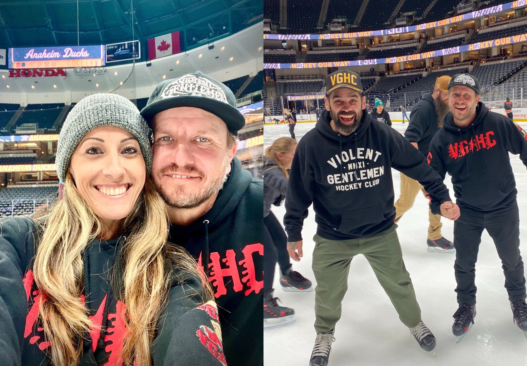 Violent Gentlemen Hockey Clothing Company visits Honda Center, the home of the Anaheim Ducks for a hockey game against the Vegas Golden Knights. Here are some of our favorite memories skating on the ice after the game.
