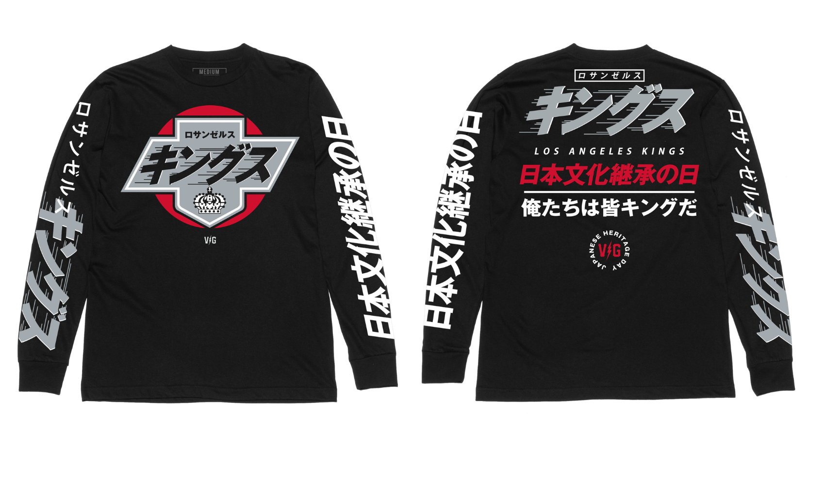 Violent Gentlemen and the NHL Los Angeles Kings teamed up to create some special pieces for Japanese Heritage Night. The classic Kings 90’s heritage logo translated to Japanese sits on top of the red dot of the Rising Sun Flag. VG collaborated with Japanese language design experts at RuckingFotten to ensure a grammatically correct, beautiful piece of art.