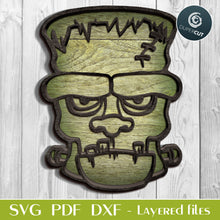 Load image into Gallery viewer, Frankestein face - layered Halloween cutting files, SVG PDF DXF template for laser cutting, engraving, Glowforge, Cricut, Silhouette
