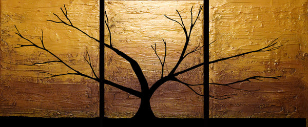 canvas triptych golden abstract tree painting