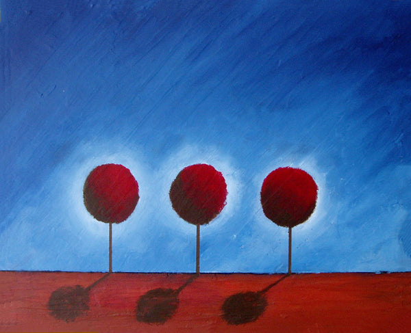 blue painting with red trees