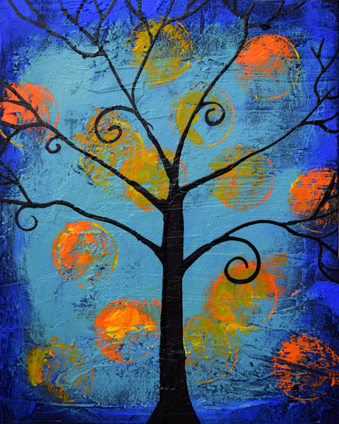 blue green painting with tree