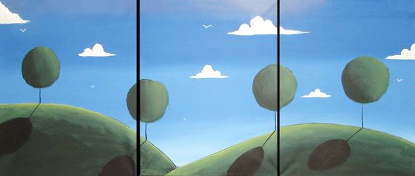 trees in countryside 3 piece painting blue sky green fields and trees