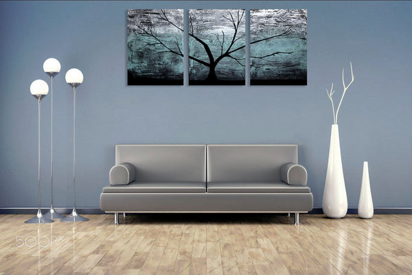 abstract tree painting in a canvas triptych style