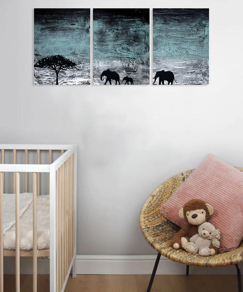 elephant wall art in canvas triptych style