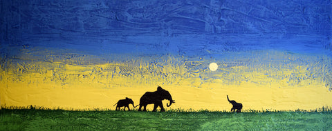 elephants on yellow sunset wall art