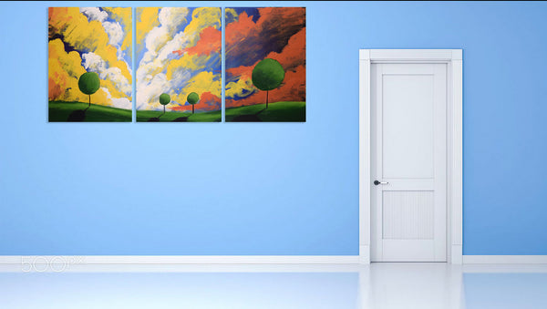 green trees on blue wall in a 3 panel style