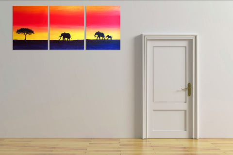 canvas triptych rainbow sunset elephant wall art