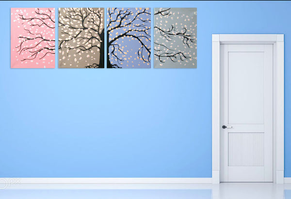 abstract tree paintings seasons blossom painting in 4 parts on a blue wall