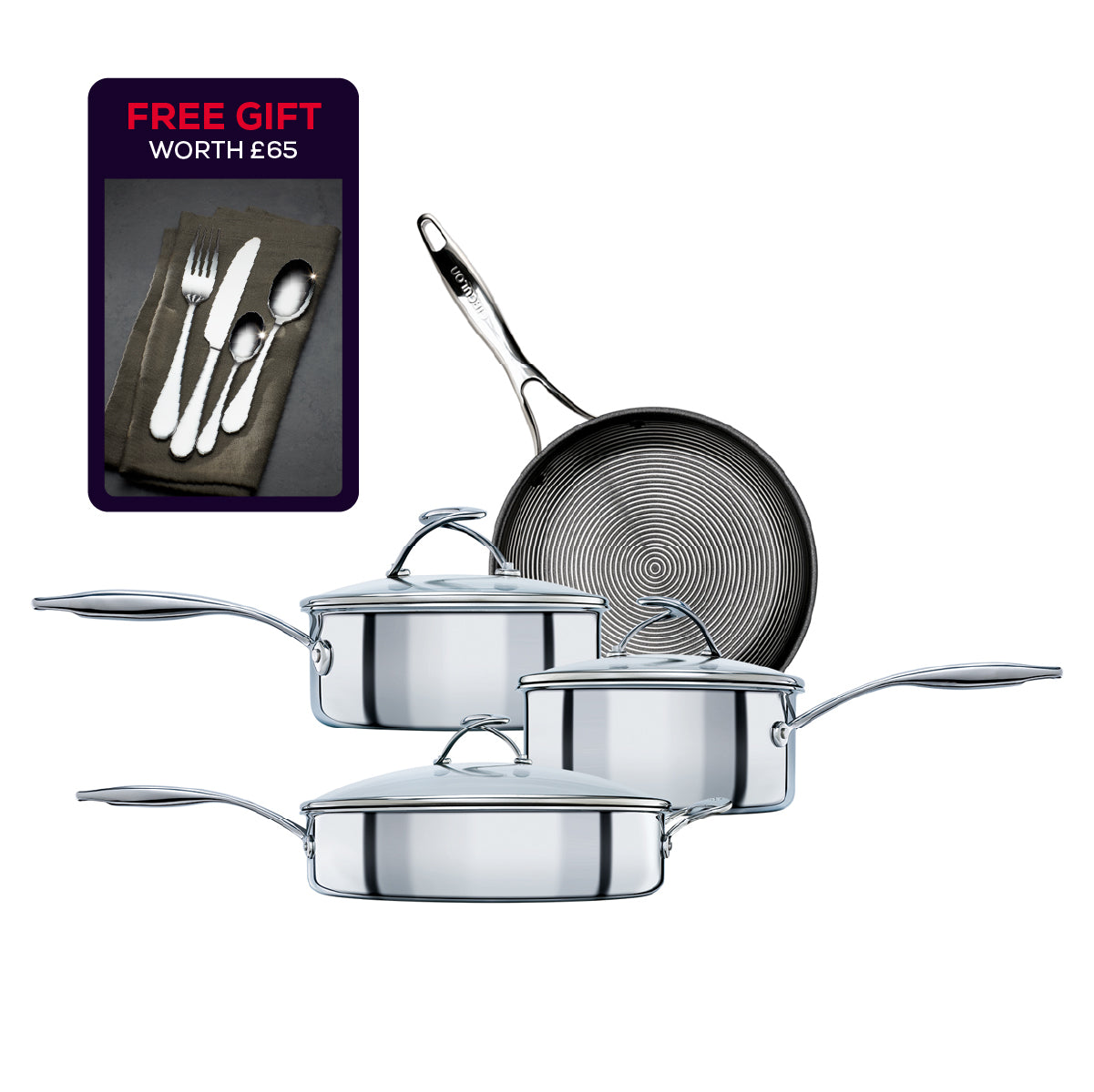 Image of SteelShield™ Hybrid Non-Stick Frying Pan, Sauté Pan, Saucepan & Lid Set - 4 Pieces + FREE Cutlery Set