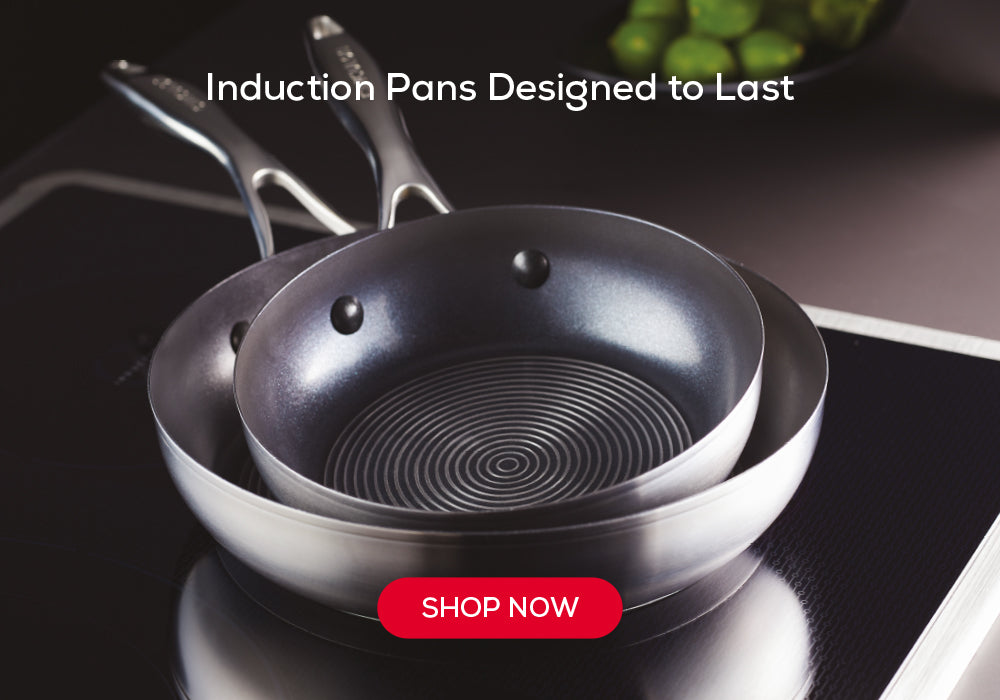 Induction frying pans from Circulon. Text reads: Induction pans designed to last. Click here to shop now