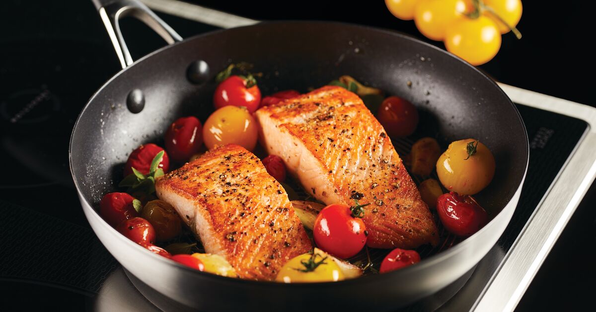 Salmon Fillets in a Circulon Frying Pan with Tomatoes