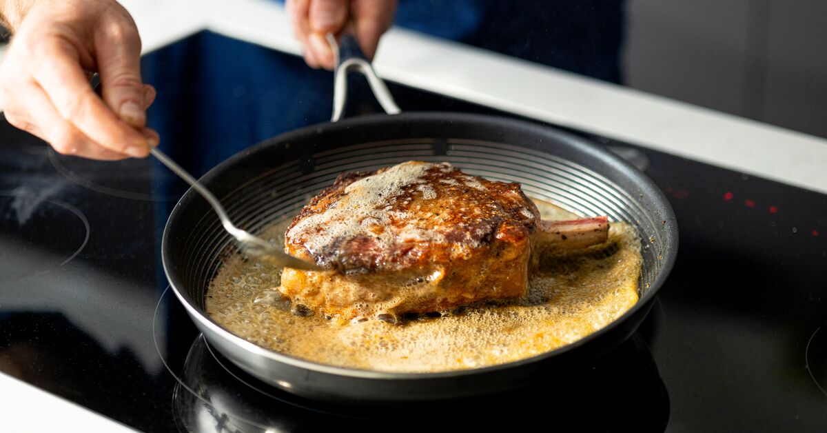 Frying meat in a SteelShield frying pan